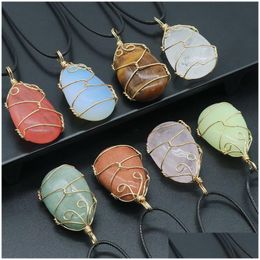 Pendant Necklaces Gold Wire Wrap Oval Colorf Crystal Stone Necklace Quartz Crystals Healing Jewelry For Men Rope Chain Drop Delivery Dhyep