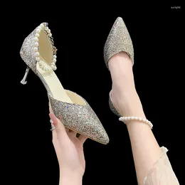 Dress Shoes 2023 Fashion For Women Heel Wrap Luxurious Beaded Female Pointed Toe Zapatos Para Damas En Oferta