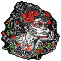 8 10inch Sugar Lady Red Roses and Green Vibes Iron On Patch Motorcycle Biker Club MC Front Jacket Vest Patch Detailed Embroidery222G