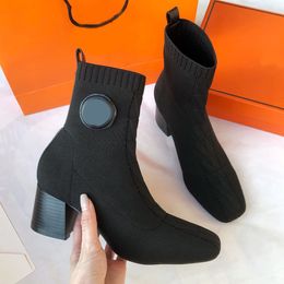 Wool Women's Knitted Designer Shoes Boots Elastic Socks High Heels Square Toe Heel Height 6.5cm with Box 989