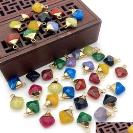 Charms 12X15Mm Natural Crystal Stone Decorate Little Rhombus Green Yellow Jade Pendants Gold Edge Trendy For Necklace Earrings Jewel Dhj24