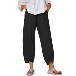 Pants Capris pants with loose fitting pockets elastic waist for comfort and cool daily wear breathable cotton linen wide legs Trousers Women's C HDK230703