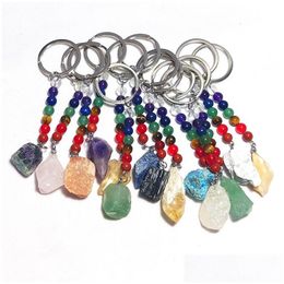 Keychains Lanyards Irregar Ore Stone Key Rings 7 Colors Chakra Beads Chains Gem Charms Healing Crystal Keyrings For Women Men Drop Dhkbs