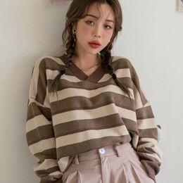 Women's Sweaters Oversized Striped Knitted Sweater Women Brown V-Neck Long Sleeve Loose Pullovers Autumn Winter Casual Knitwear 2023