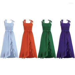 Casual Dresses Women Summer Tie Strap Square Neck Smocked Asymmetrical Ruffle Flowy Long Dress