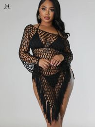 Women's Swimwear Sexy Beach Wear Knit Dress Women Hollow Out Strapless Long Sleeve Tassels Summer Fashion Mini For