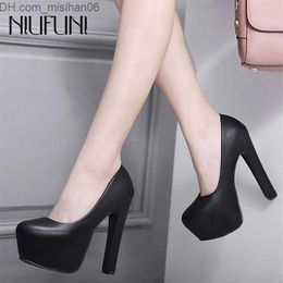 Dress Shoes NIUFUNI Ladies High Heels Platform Pumps PU Black White Women Shoes Thick Work Dress Z230703