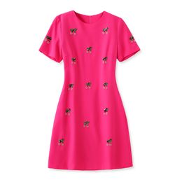 2023 Summer Red Solid Colour Dress Bow Sequins Short Sleeve Round Neck Knee-Length Casual Dresses W3L049807