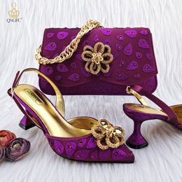 Italian Design High Heel purple sandals with Color Matching Hand Bag - Perfect for African Weddings and Parties (QSGFC)
