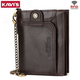 KAVIS Genuine Leather Wallet for Men RFID Blocking Card Holder with Zip Coin Pocket Multi-function Male Short Clutch with Chain