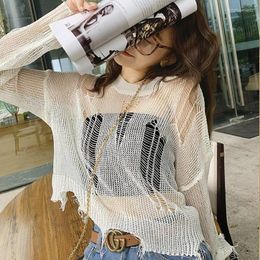 Women's Sweaters Gothic Emo Black Oversize Cropped Sweater Women Grunge Hollowed Out Korean Punk Harajuku Hip Hop Jumper Female Pullover