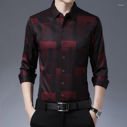 Men's Casual Shirts 2023 Spring And Autumn Dress Shirt Men Long Sleeve Plaid Silk Slim Fit Camisa Masculina