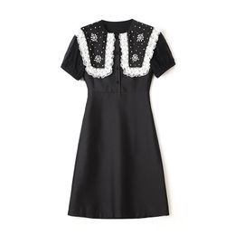 2023 Summer Black Solid Color BeadedLace Dress Short Sleeve Round Neck Knee-Length Casual Dresses W3L044212