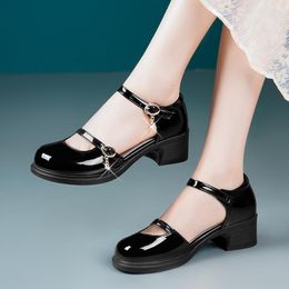 Dress Shoes Size 35-43 Patent Leather 4cm Block Heel Breathable Low Women Summer Ankle Strap Black Heels