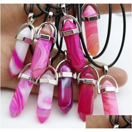 Pendant Necklaces Rose Pink Purple Stripe Agate Stone Hexagon Reiki Healing Crystal Cone Point Charms Pendum Necklace For Women Drop Dh6Q9