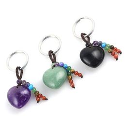 Key Rings Heart Shape Natural Stone Seven Tassel Keychains Sier Colour Healing Amethyst Pink Rose Crystal Car Decor Keyholder For Wom Dhwi8