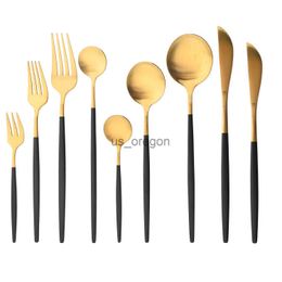 Dinnerware Sets JANKNG Matte Black Gold Dinnerware Set Stainless Steel Cutlery Home Dessert Fork Spoon Knife Dinner Set Silverware Flatware Set x0703