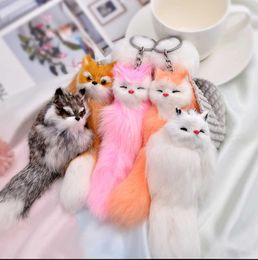 cute fluffy bowknot fox ball key chain rings pompom real fur charm keychain car bag ring women jewelry