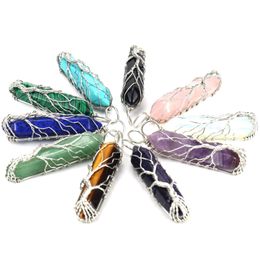 Pendant Necklaces Healing Crystal Natural Stone Hexagon Pillar Charms Twine Tree Of Life Wire Wrap Turquoise Amethyst Tiger Eye Rose Dhuy9