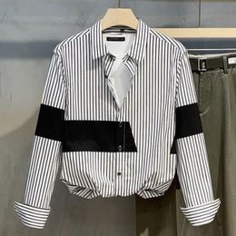 Men's T Shirts Pure Linen Long Sleeve Striped Patchwork Shirt for Men Turn Down Collar Casual Classical Tops Male Fashion Button Up H25 230703