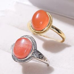 Natural Stone China Red Agate Insert Oval Shape Plated Gold Silver Rings Women Retro Energy Bead Adjustable Finger Ring