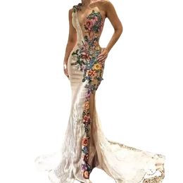 One Shoulder Mermaid Prom Dresses Colourful Embroidery Flower Applique Lace Split Sheer evening Dress Women Party Gowns