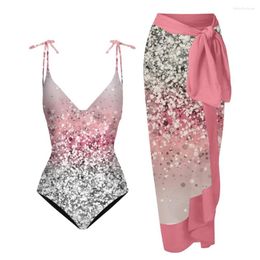 Women's Swimwear V-neck Colour Sequin Print Suspenders Bikini One-Piece Halter Bow Straps Swimsuit 2023 Women Elegant Lace-Up Beach Dress