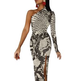 Basic Casual Dresses Snakeskin Bodycon Dress Spring Greys and Silvers Print Night Club Side Split Long Sleeve Custom Party 230701