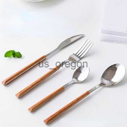 Dinnerware Sets 304 Stainless Steel Tableware Creative Imitation Wooden Handle Knife Fork Spoon Western Style Steak Fork Dessert Spoon Fashion x0703