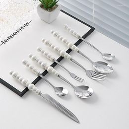 Dinnerware Sets Ceramic Handle Pearl Cutlery Set 18/10 Stainless Steel Creativity Gift Korean Style Knife Fork Spoon 7pieces Luxury Dinner