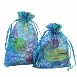 Coralline Organza Gift Bags Drawstring Jewellery Packaging Pouches Party Wedding Favour Design Sheer Candy Bag with Gilding Pattern