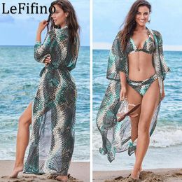 Women's Swimwear Fashion Summer Chiffon Snake Pattern Restraining Strap Loose Size Fitting Beach Sun Protection Cardigan Bikini Cover Up