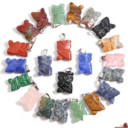 Charms Natural Stone Owl Carved Pendant Crystal Healing Reiki Gemstone Cute Decor Craft Home Quartz Jasper Ornament Wholesale Drop D Dhh8E