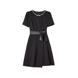 2023 Лето черное сплошное цветовое платье с коротким рукавом круглое шея по колено повседневные платья W3L044109