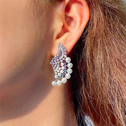 Luxury White Imitation Pearl Earring Designer for Woman Blue AAA Cubic Zirconia Copper Silver Diamond Earring Women Engagement Wedding Feast Jewellery Accessories