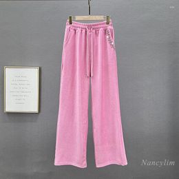 Women's Pants Fashion Diamond-Embedded Wide-Leg For Women 2023 Spring High Waist Loose Ins All-Matching Casual Trousers Pink White