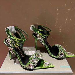 Design Metallic Sandals Shoes Crystal-embellished Ankle-Tie Stone Stud heeled stiletto Heels for women Party Evening Pointed Toe Pumps EU35-42