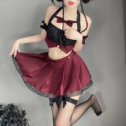 Sexy Set Jimiko Sexy Little Devil Costumes Woman Erotic Cosplay Student Jk Uniform Dark Schoolgirl Suit Halter Top Sexy Skirt Thong SetHKD230703