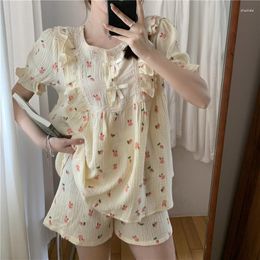 Women's Sleepwear Short Sleeve Pyjama Set Korean Cute Lace Ruffles Comfortable Casual Home Clothes Summer Out Wear Cotton Nightwear D370