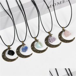 Pendant Necklaces Bronze Hollow Moon Irregar Ore Rough Stone Tiger Eye Agates Healing Crystal Quartz Jewellery Making Drop Delivery Pen Dhvlw