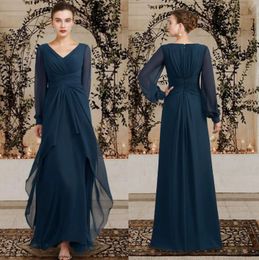 A-Line Mother of the Bride Dress Elegant V Neck Floor Length Chiffon Long Sleeve with Ruched Ruffles Groom Party Gown For Wedding Plus Size