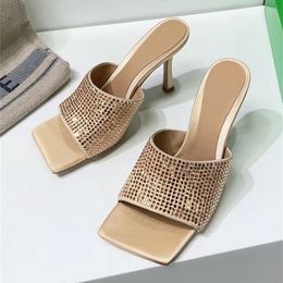 Women's stiletto slippers slides Mule sandals Crystal Decorated Open Toee Evening shoes luxury designer High Heels factory footwear With box