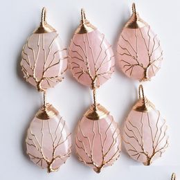 Charms Natural Stone Crystal Tree Of Life Pendants Pink Rose Quartz Gold Wire Wrapped Trendy Jewellery Making Wholesale Drop Delivery Dhmfb