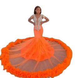 Newest Arrival Orange Mermaid Prom Dresses Lace Beads Crystal Feather Formal Evening Dress Sheer Neck African Robes De Soiree