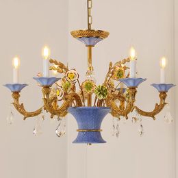 American Romantic Ceramic Chandeliers Lights Fixture French Pastoral Crystal Pendant Lamps European Luxury Copper Bedroom Dining Room Luminarias Lamparas