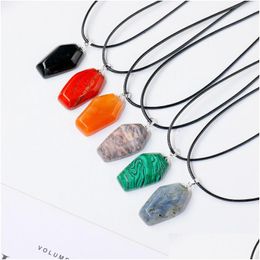 Pendant Necklaces Coffin Shape Fortune Feng Shui Natural Stone Quartz Agates Healing Crystal Tiger Eye Charms Rope Necklace Jewellery Dhx35