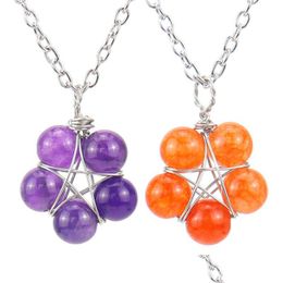 Pendant Necklaces Star Flower Shape 8Mm Stone Ball Wire Wrapped Metal Chain Necklace Healing Reiki Chakra Jewellery Wholesale Drop Del Dh9Vq
