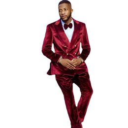 Dark Red Costume Homme Mariage Men's Wedding Tuxedos Suits Wedding Party Gowns Two Pieces Mens Velour Jacket Pants traje de novio para boda