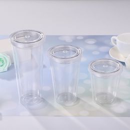 Acrylic Plastic Tumblers Double Wall Acrylic Clear Drinking Cup Transparent Watter Cup Coffee Mug Outdoor Portable With Lid And Straw