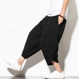 Pants Men Harem Pants Japanese Casual Cotton Linen Trouser Hip Hop Joggers Drawstring Cross Bloomers CalfLength Pants with Pockets